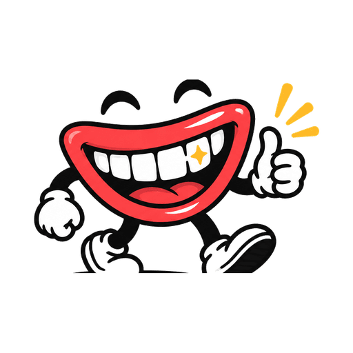 The Happy Mouths mascot, a grinning mouth with sneakers giving a thumbs up